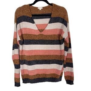 Hem & Thread Medium Pink Brown Striped VNeck Cozy Knit Sweater Chenille Texture